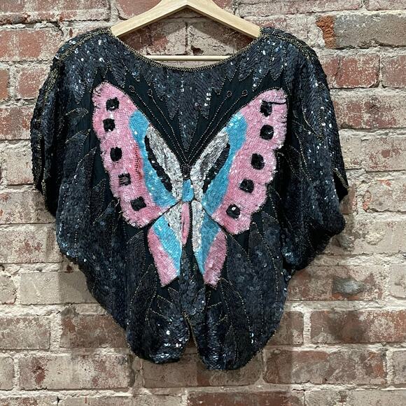 Vintage Chanson D'Amour Sequin Butterly Dolman Sleeve Cropped Top - Picture 7 of 8